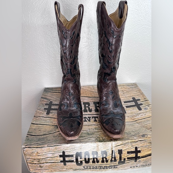 Corral chocolate black vintage goat overlay pointed toe cowgirl boots size 8M - Picture 4 of 8